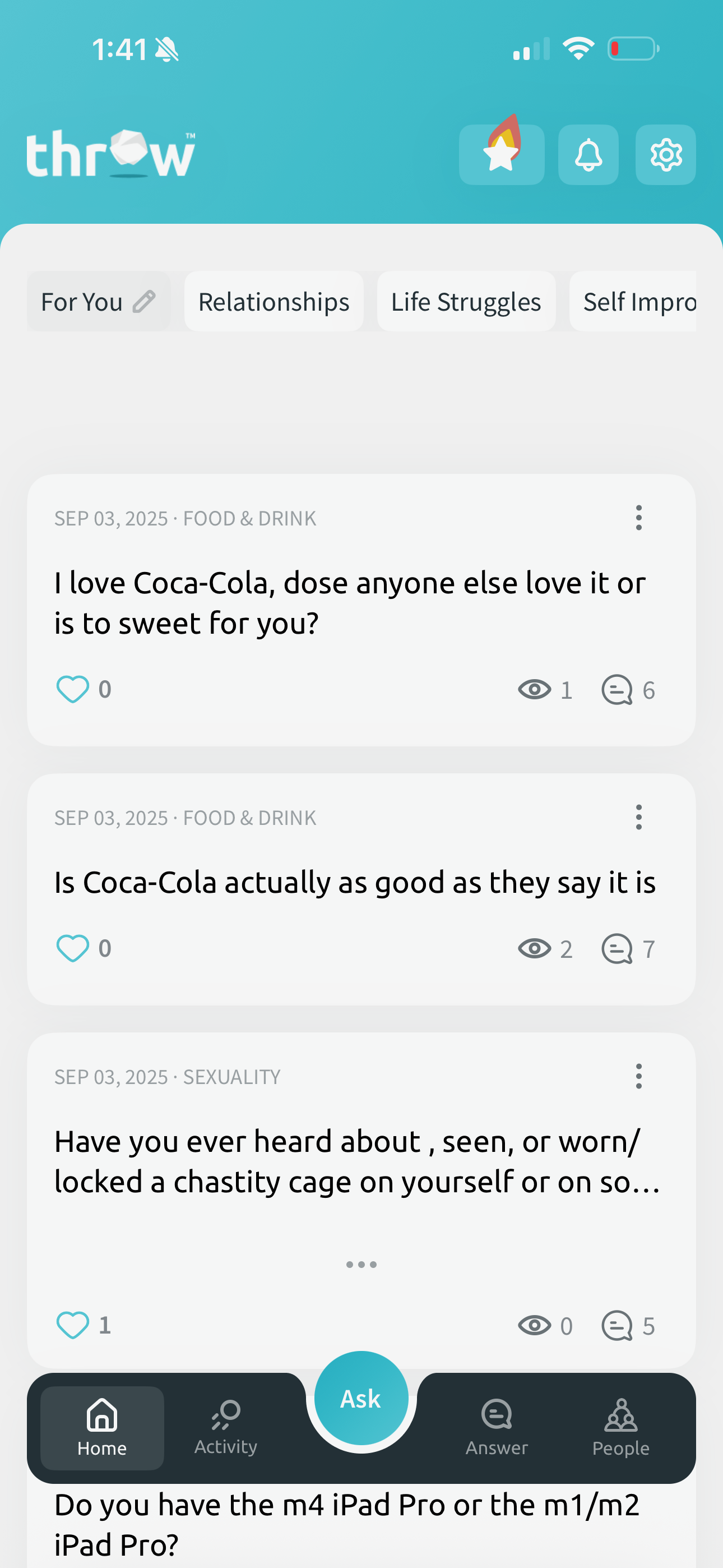 The home screen of the Throw app, which presents a list of questions that users can answer.