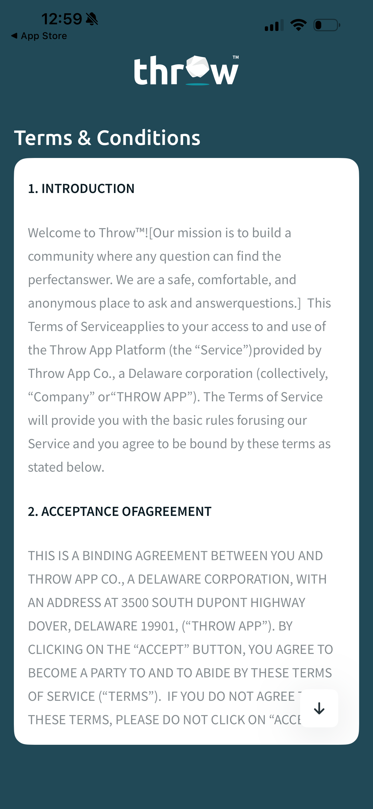 A screenshot showing a portion of the terms and conditions for using the Throw app, presented during the user onboarding process.